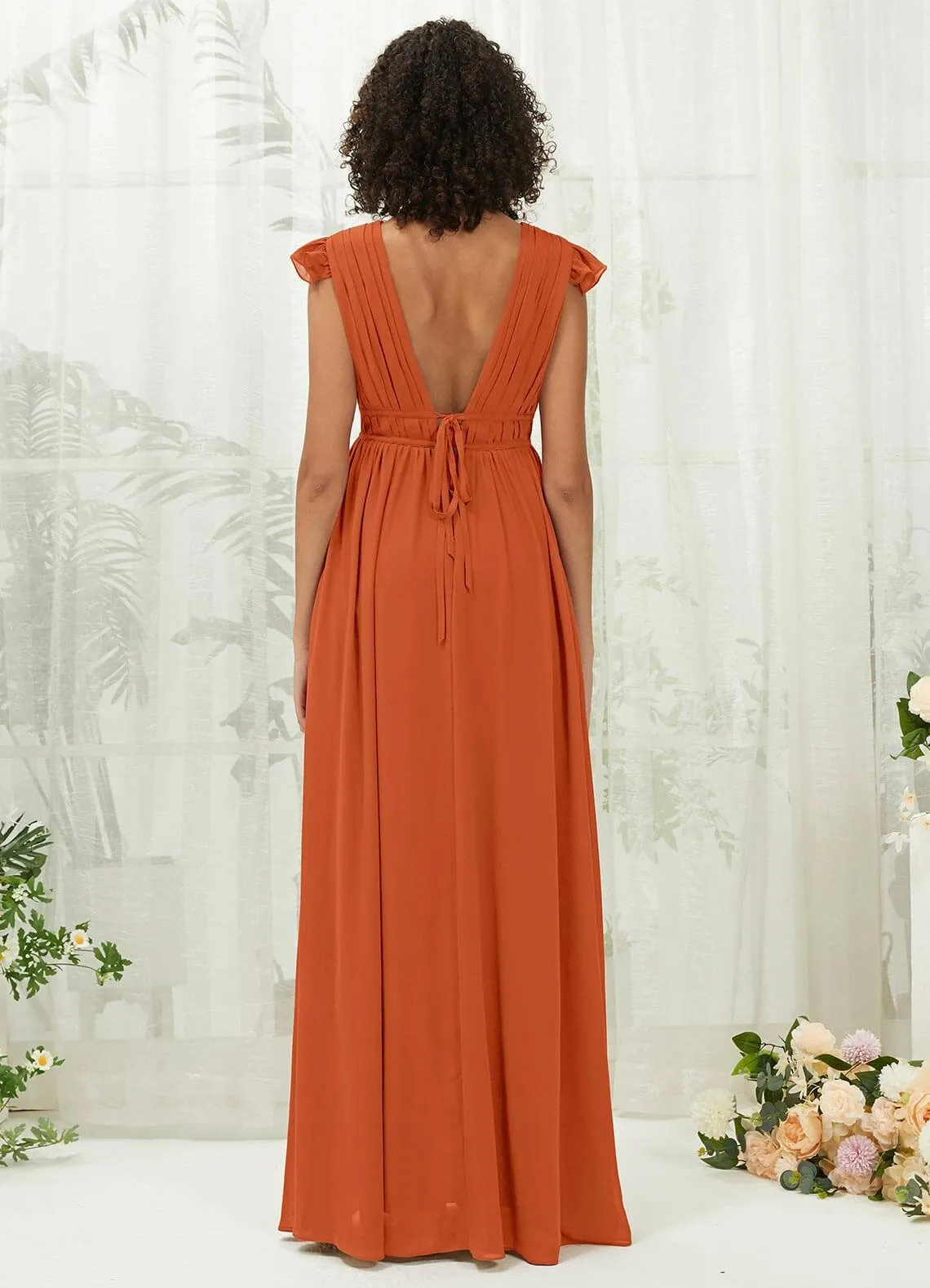 Burnt Orange Cap Sleeves Pleated V-Neck Chiffon Maxi Bridesmaid Dress