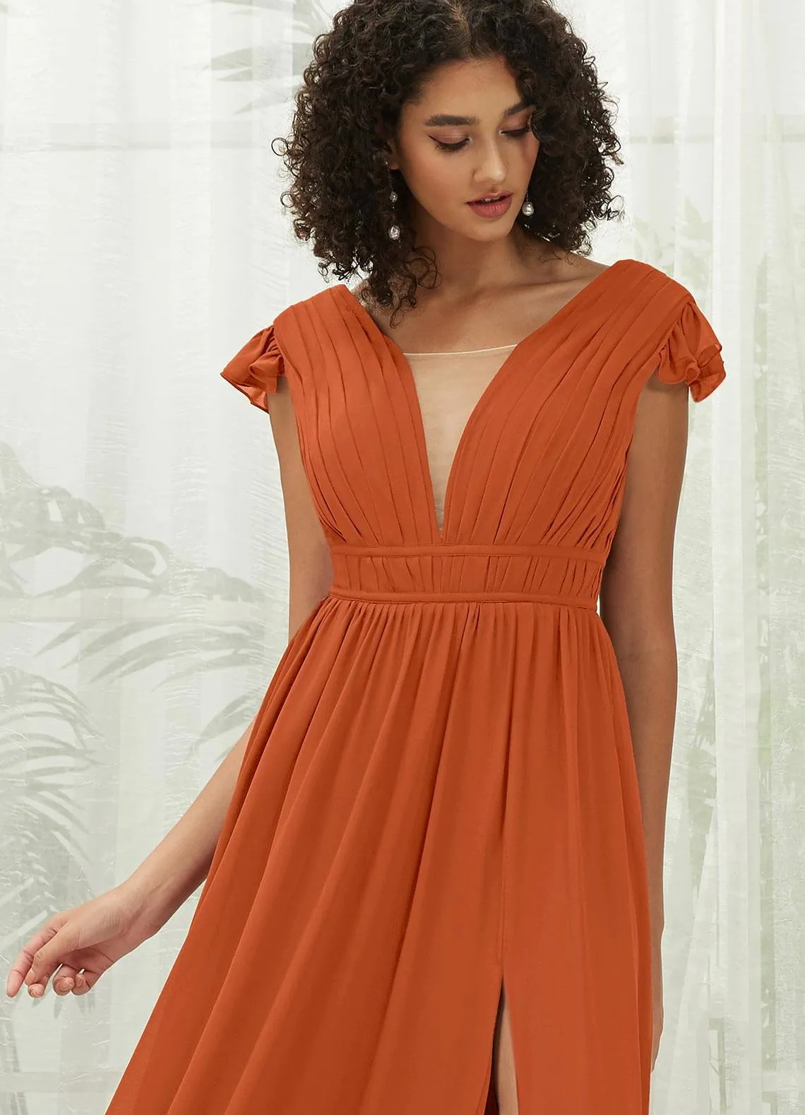 Burnt Orange Cap Sleeves Pleated V-Neck Chiffon Maxi Bridesmaid Dress