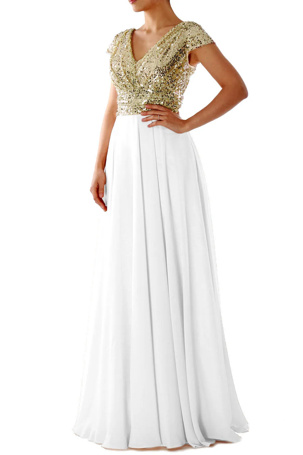 Cap Sleeves V Neck Sequin Chiffon Rose Gold Bridesmaid Dress