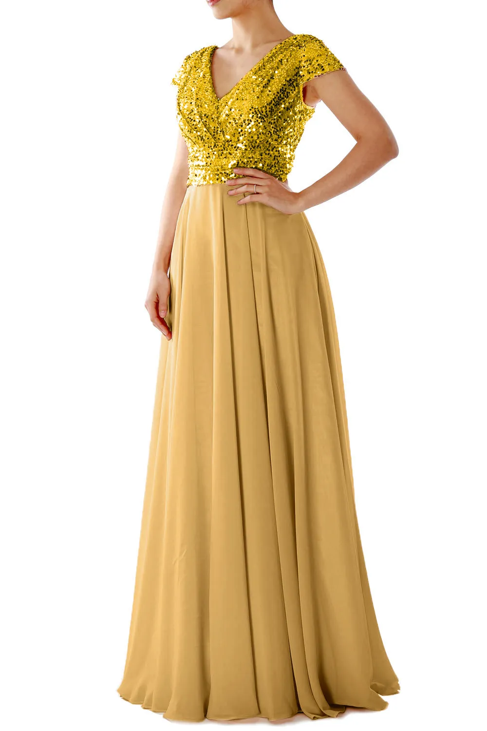 Cap Sleeves V Neck Sequin Chiffon Rose Gold Bridesmaid Dress