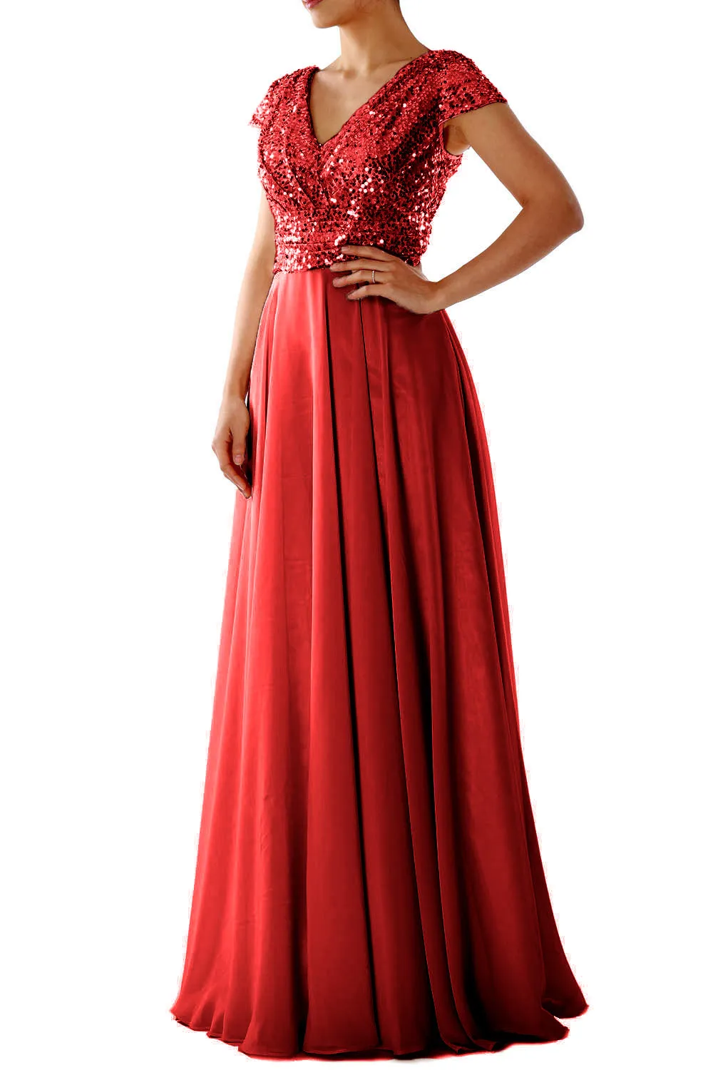 Cap Sleeves V Neck Sequin Chiffon Rose Gold Bridesmaid Dress