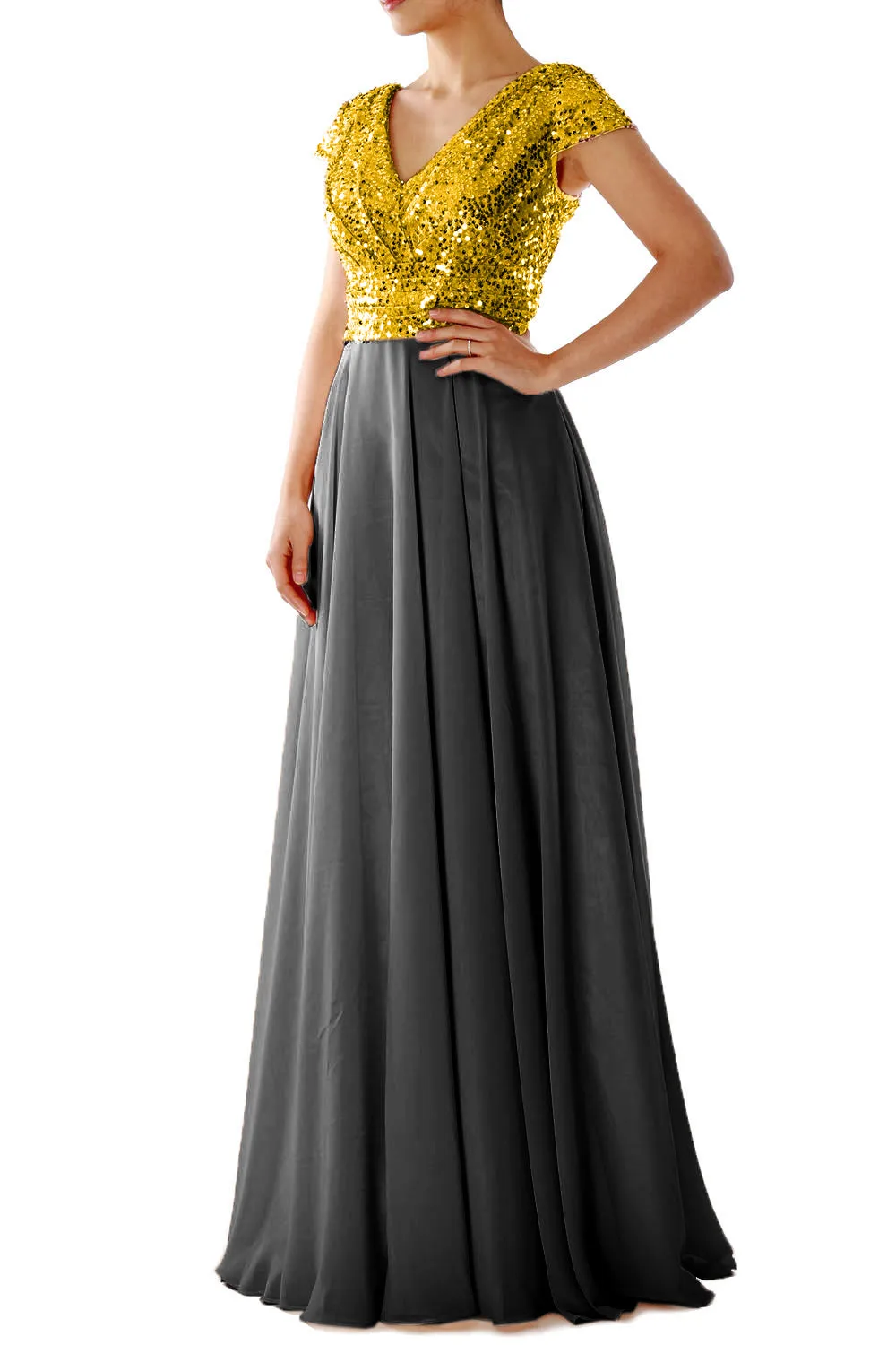 Cap Sleeves V Neck Sequin Chiffon Rose Gold Bridesmaid Dress