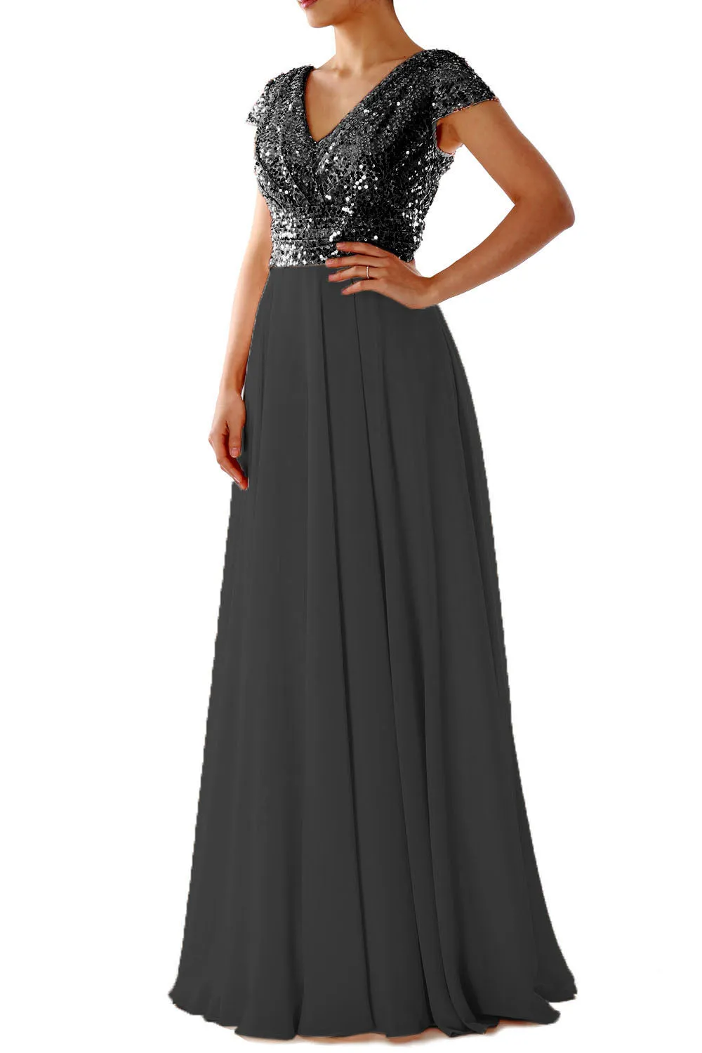 Cap Sleeves V Neck Sequin Chiffon Rose Gold Bridesmaid Dress