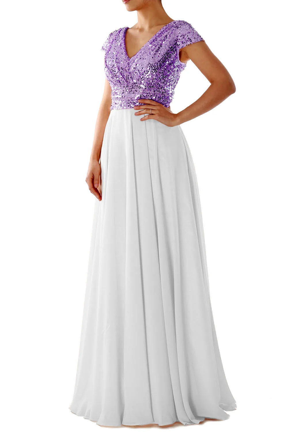 Cap Sleeves V Neck Sequin Chiffon Rose Gold Bridesmaid Dress