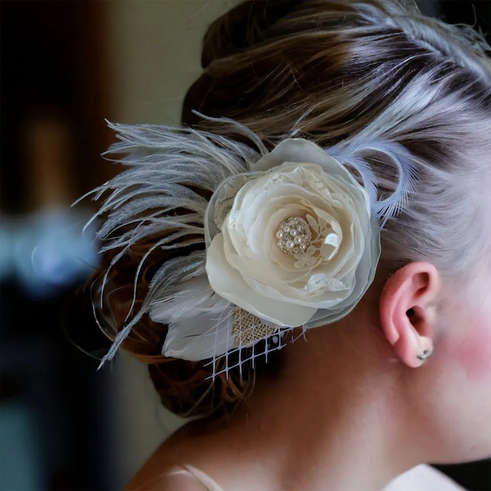 Champagne Fabric Feather Fascinator with Swarovski Elements, Fabric Hair Flower