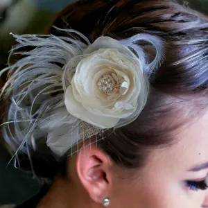 Champagne Fabric Feather Fascinator with Swarovski Elements, Fabric Hair Flower