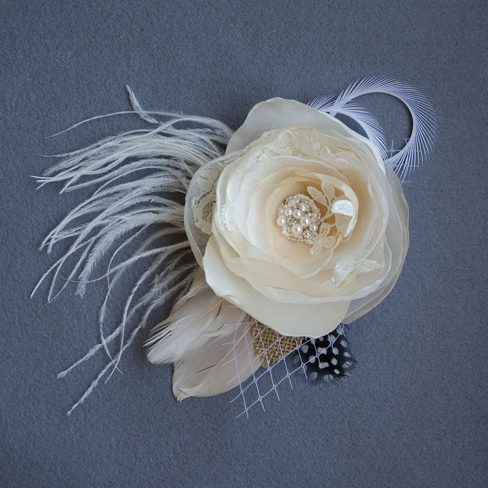 Champagne Fabric Feather Fascinator with Swarovski Elements, Fabric Hair Flower