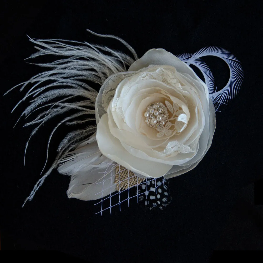 Champagne Fabric Feather Fascinator with Swarovski Elements, Fabric Hair Flower