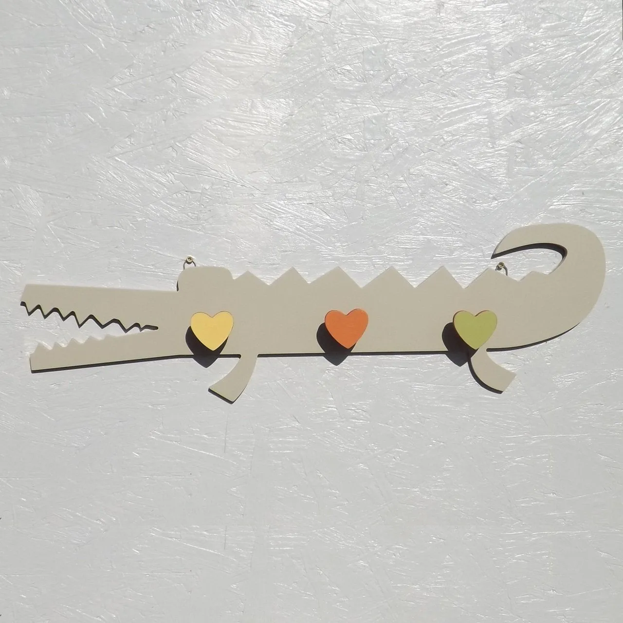 Children's Crocodile Coat Rack with 3 wood heart peg hooks