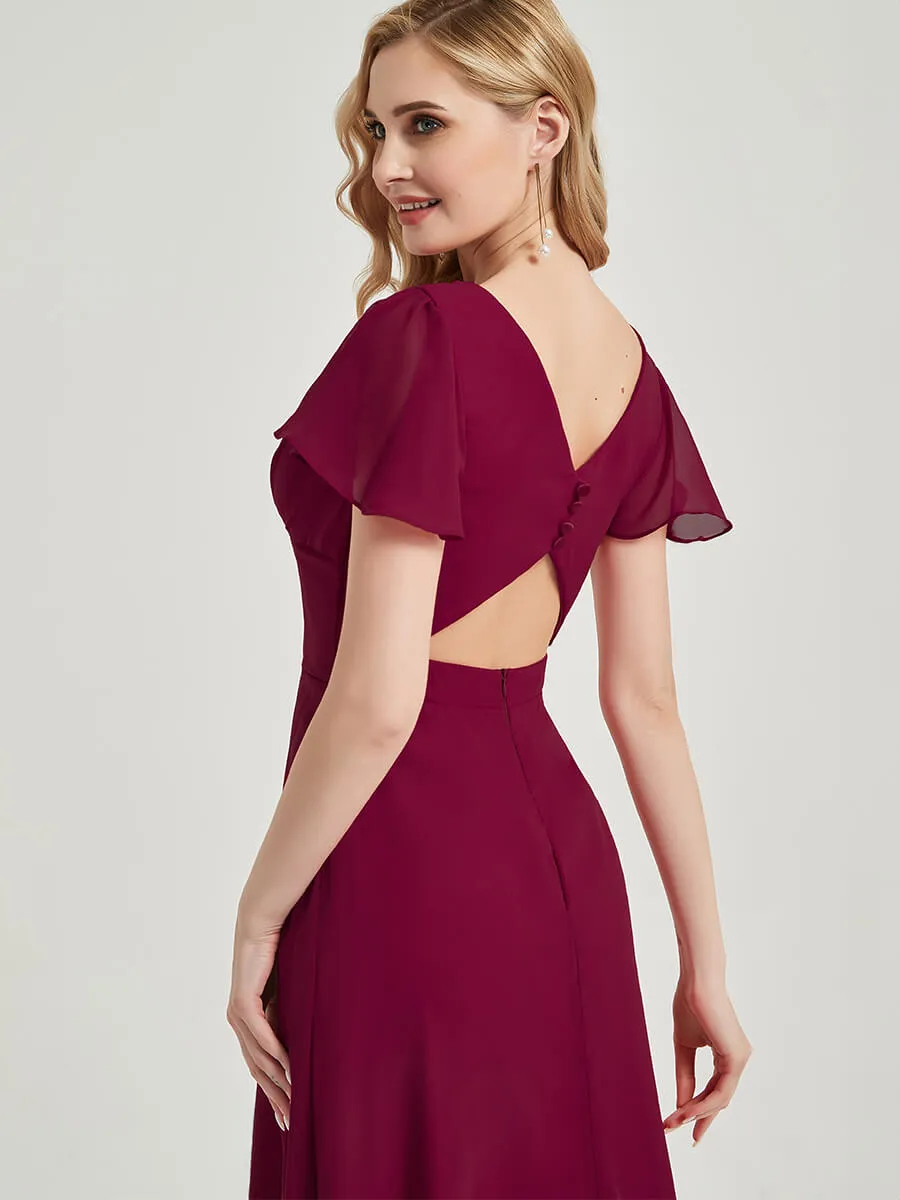 Cornflower Blue Ruffle Sleeve Backless Chiffon Empire Bridesmaid Dress