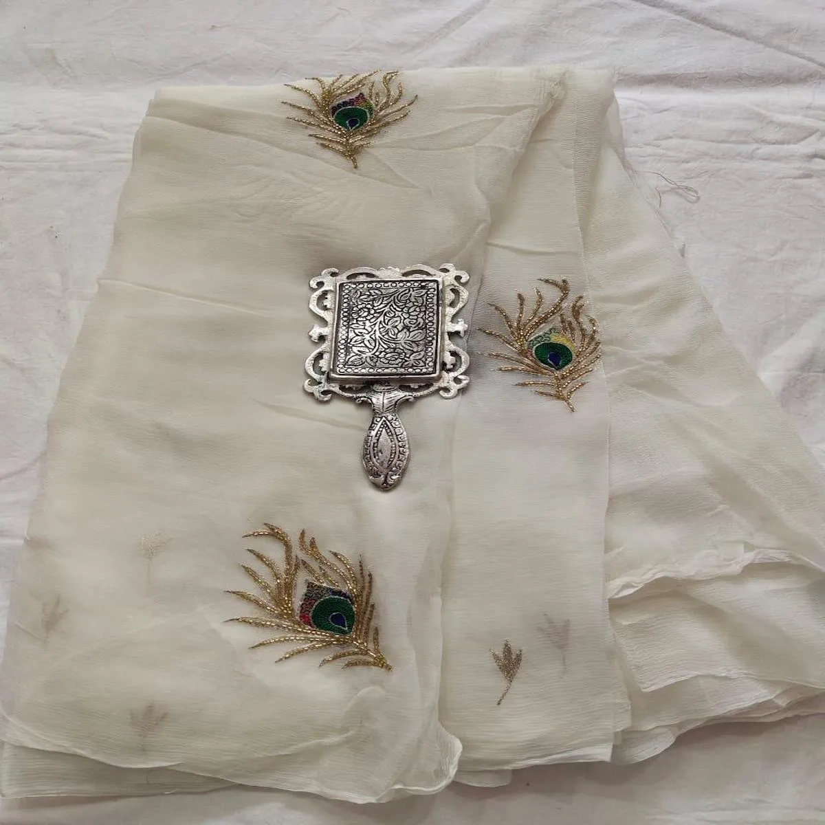Cream Rajputi Chiffon Handwork Saree