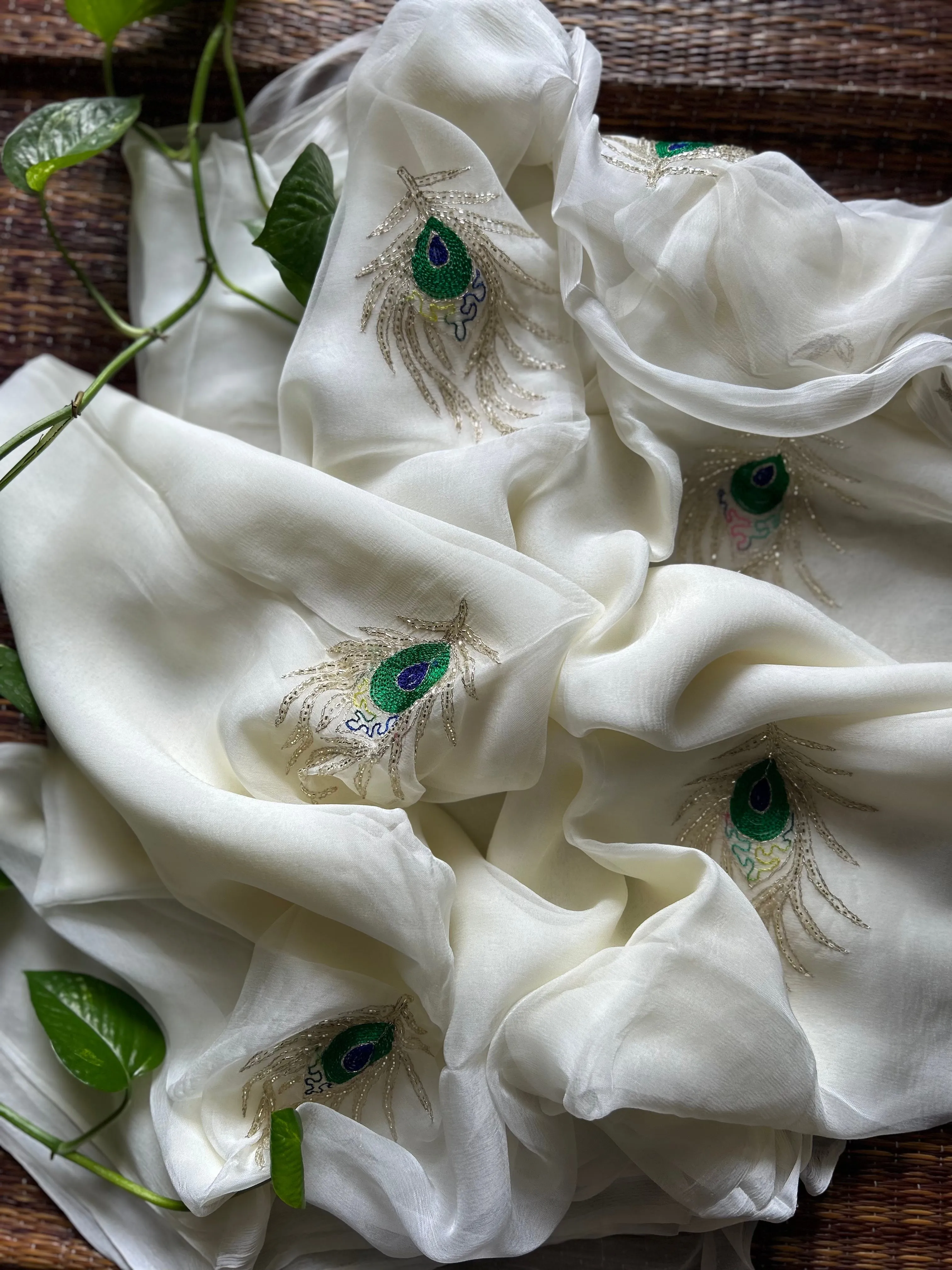 Cream Rajputi Chiffon Handwork Saree