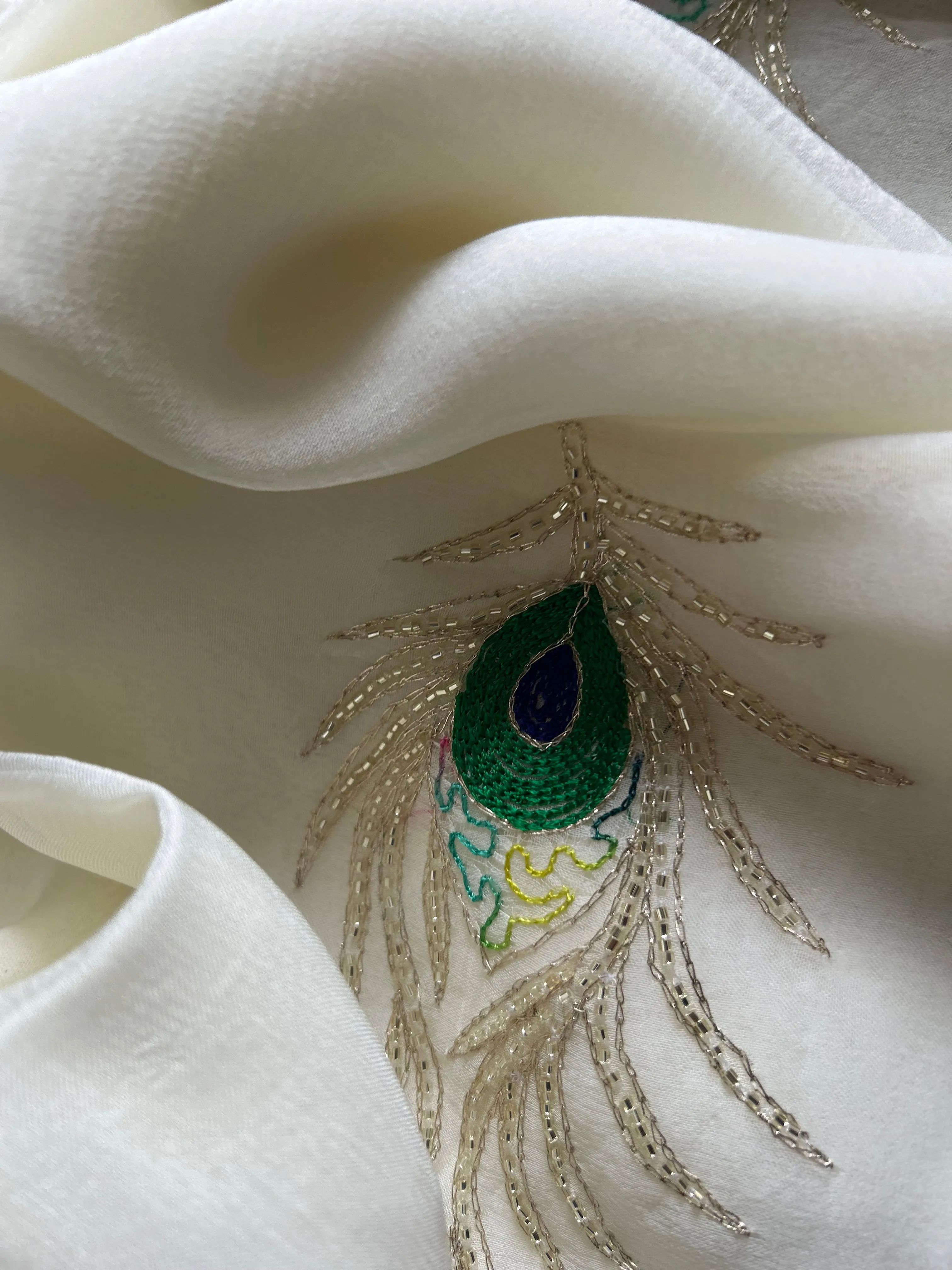Cream Rajputi Chiffon Handwork Saree