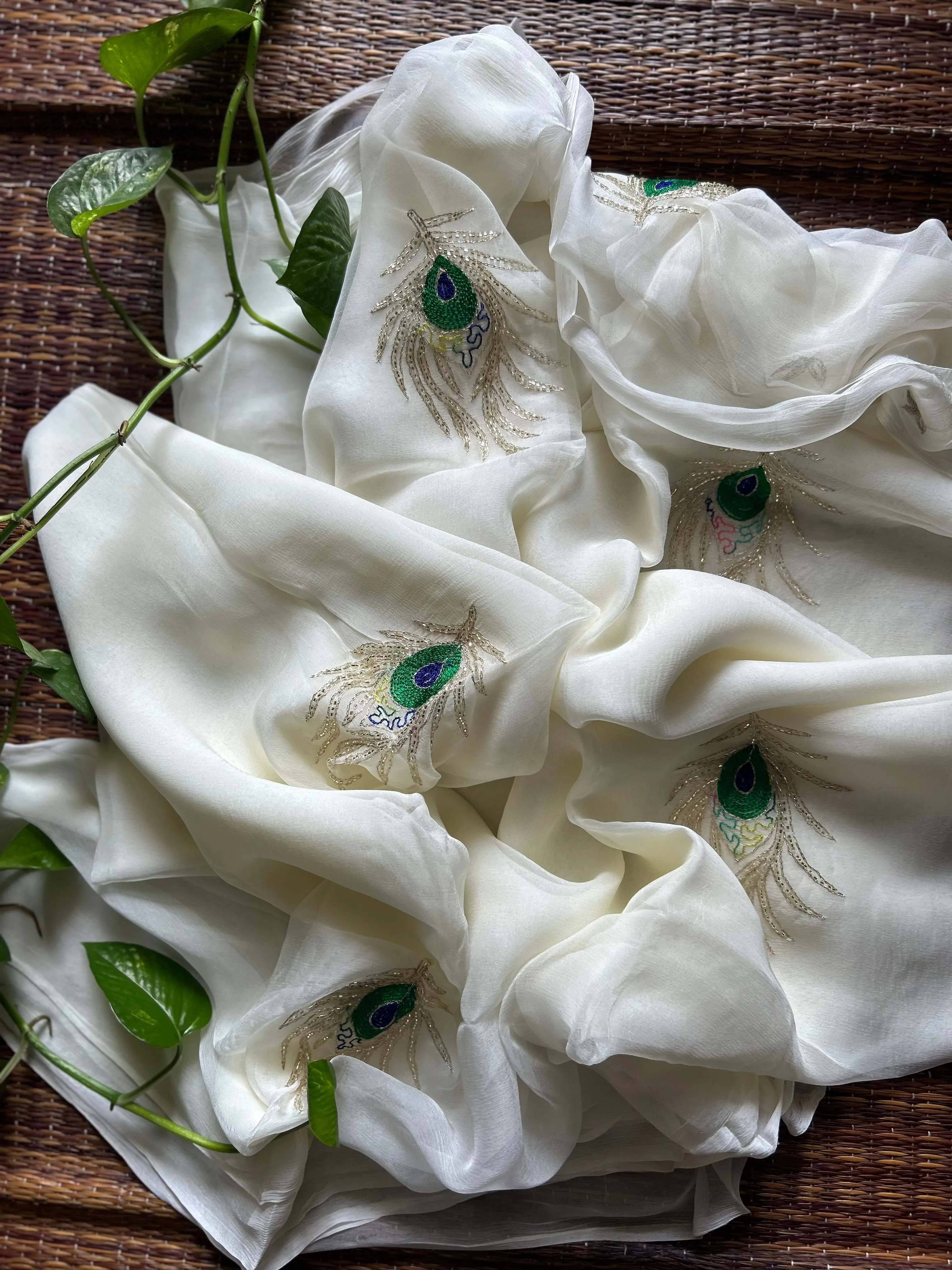 Cream Rajputi Chiffon Handwork Saree