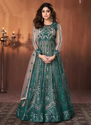 Dark Green Floral Embroidered Kalidar Anarkali Suit