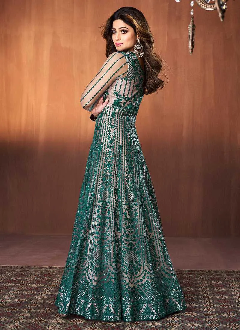 Dark Green Floral Embroidered Kalidar Anarkali Suit