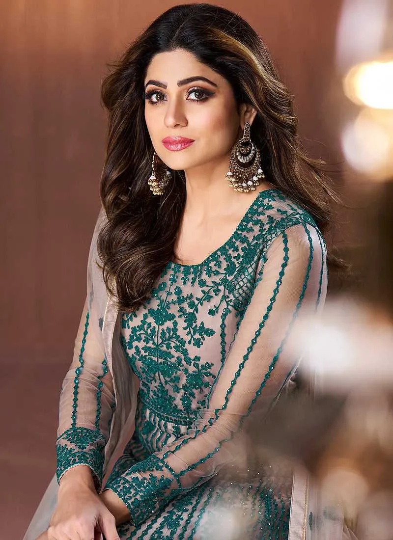 Dark Green Floral Embroidered Kalidar Anarkali Suit