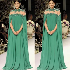 Dubai caftan green prom dresses long chiffon lace appliqué elegant cheap muslim prom gown robe de soiree