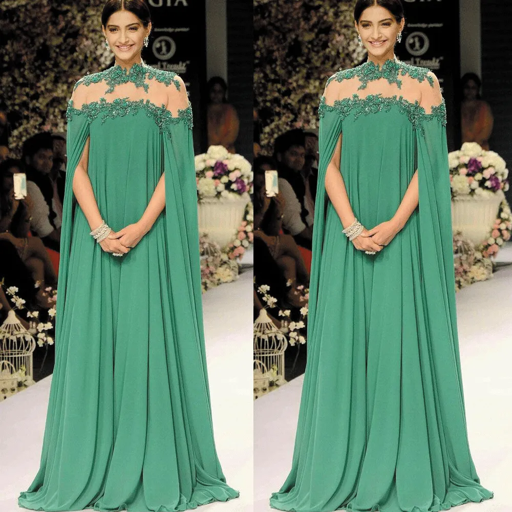 Dubai caftan green prom dresses long chiffon lace appliqué elegant cheap muslim prom gown robe de soiree