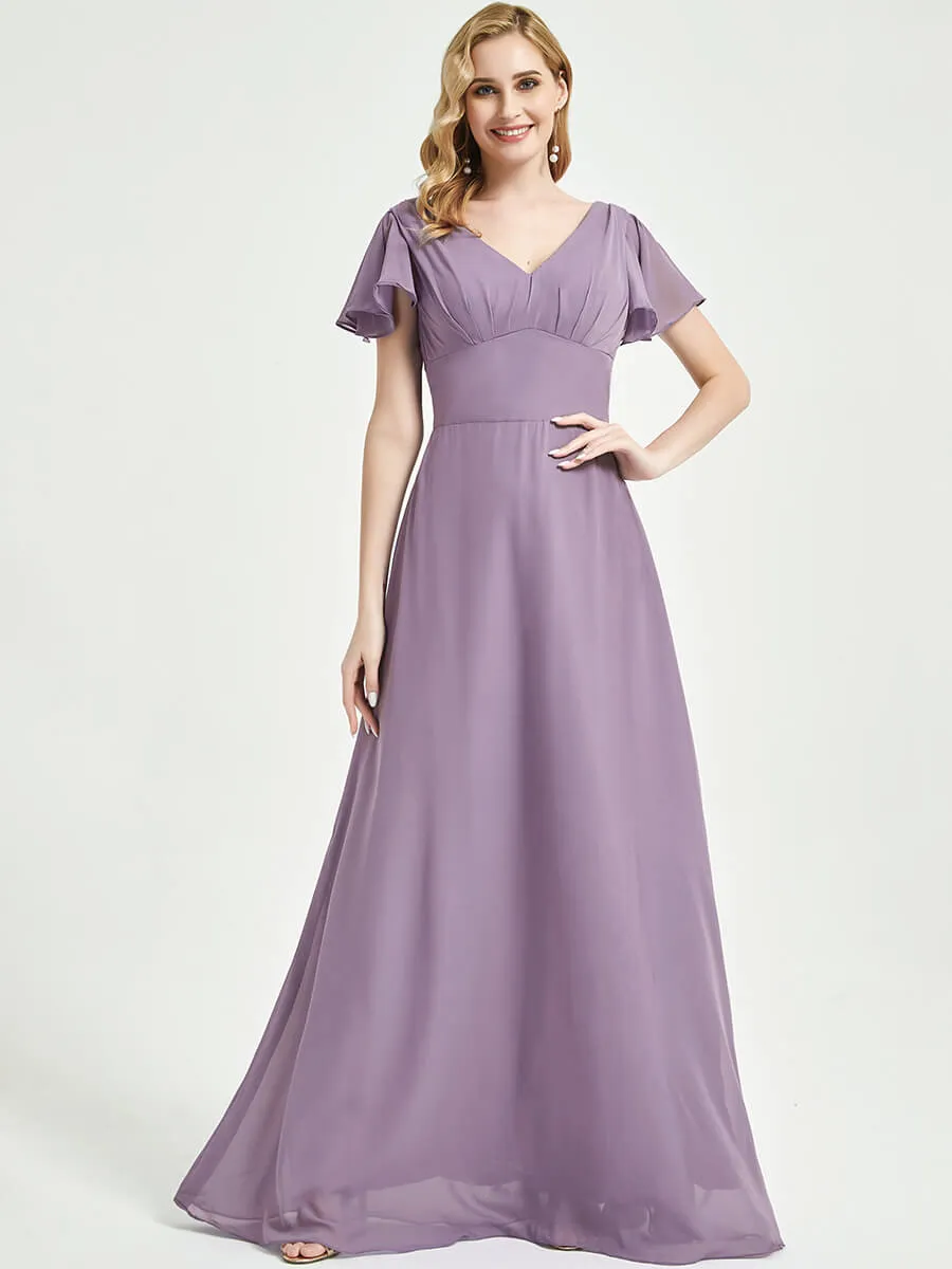 Dusty Purple Ruffle Sleeve V-Neck Maxi Chiffon Empire Bridesmaid Dress