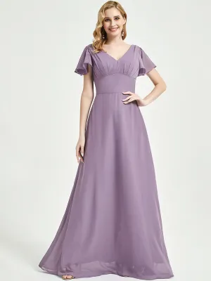 Dusty Purple Ruffle Sleeve V-Neck Maxi Chiffon Empire Bridesmaid Dress