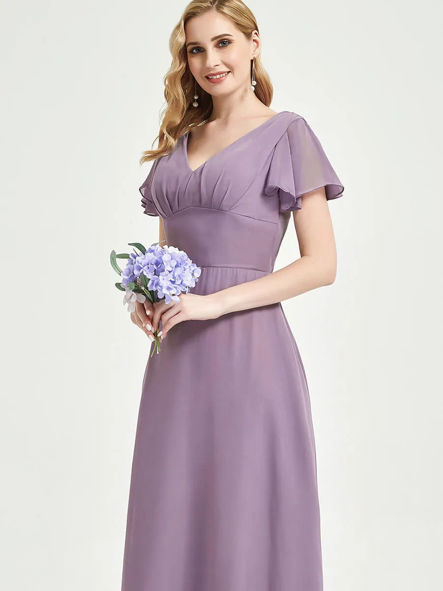 Dusty Purple Ruffle Sleeve V-Neck Maxi Chiffon Empire Bridesmaid Dress