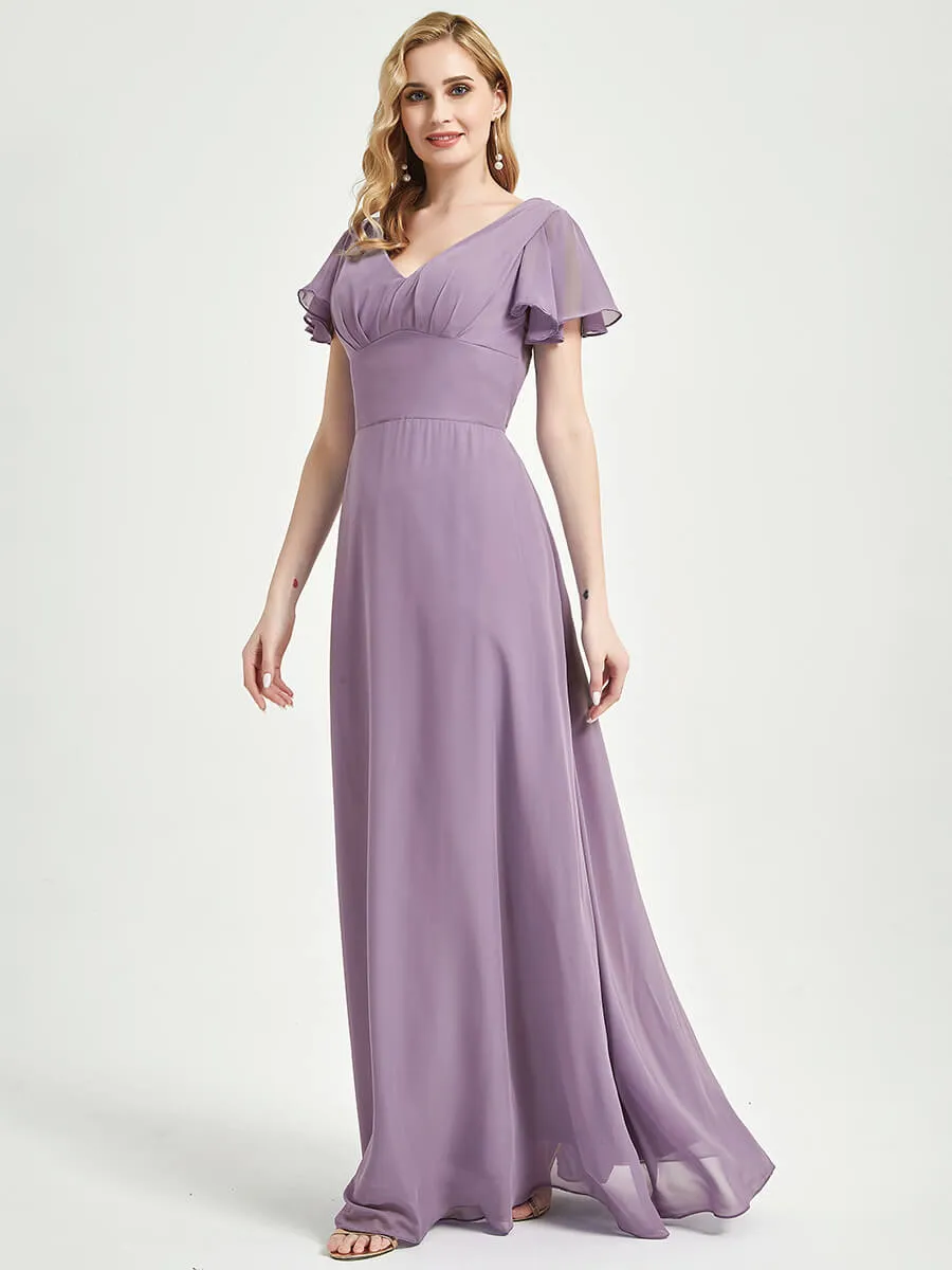 Dusty Purple Ruffle Sleeve V-Neck Maxi Chiffon Empire Bridesmaid Dress