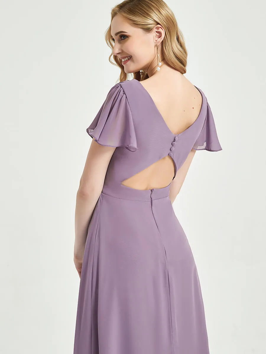 Dusty Purple Ruffle Sleeve V-Neck Maxi Chiffon Empire Bridesmaid Dress