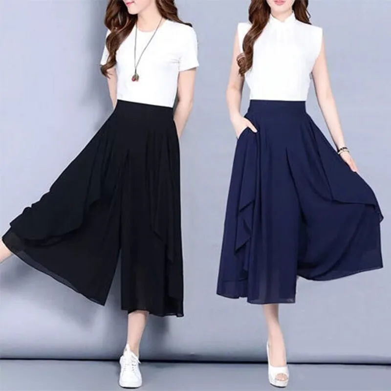 Elastic High Waist Slim Elegant Chiffon Loose Capri  Pant