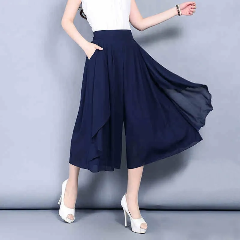 Elastic High Waist Slim Elegant Chiffon Loose Capri  Pant