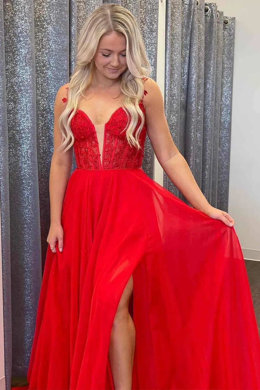 Elegant Blue Straps Long Prom Dress with Sheer Lace Bodice