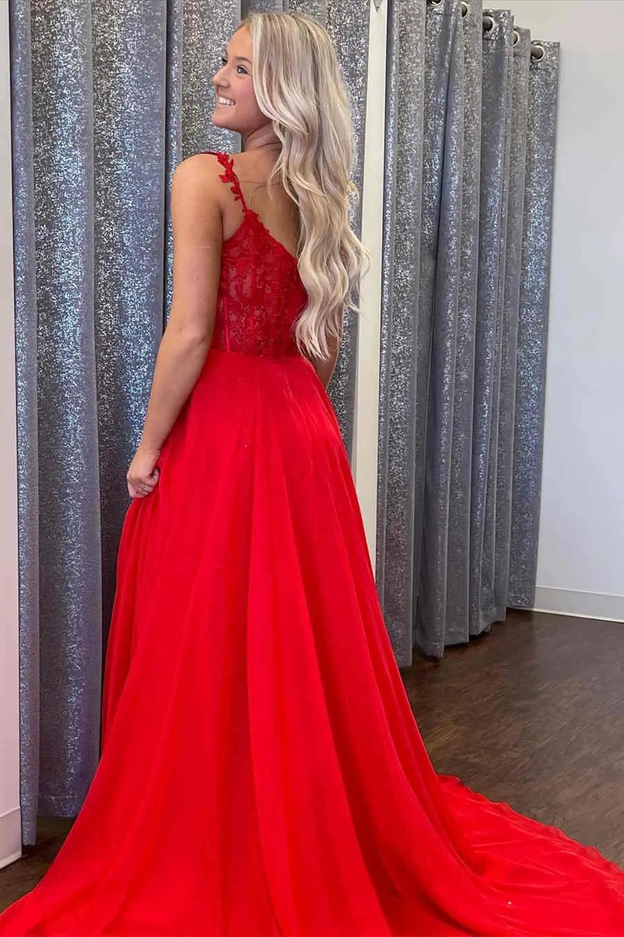 Elegant Blue Straps Long Prom Dress with Sheer Lace Bodice