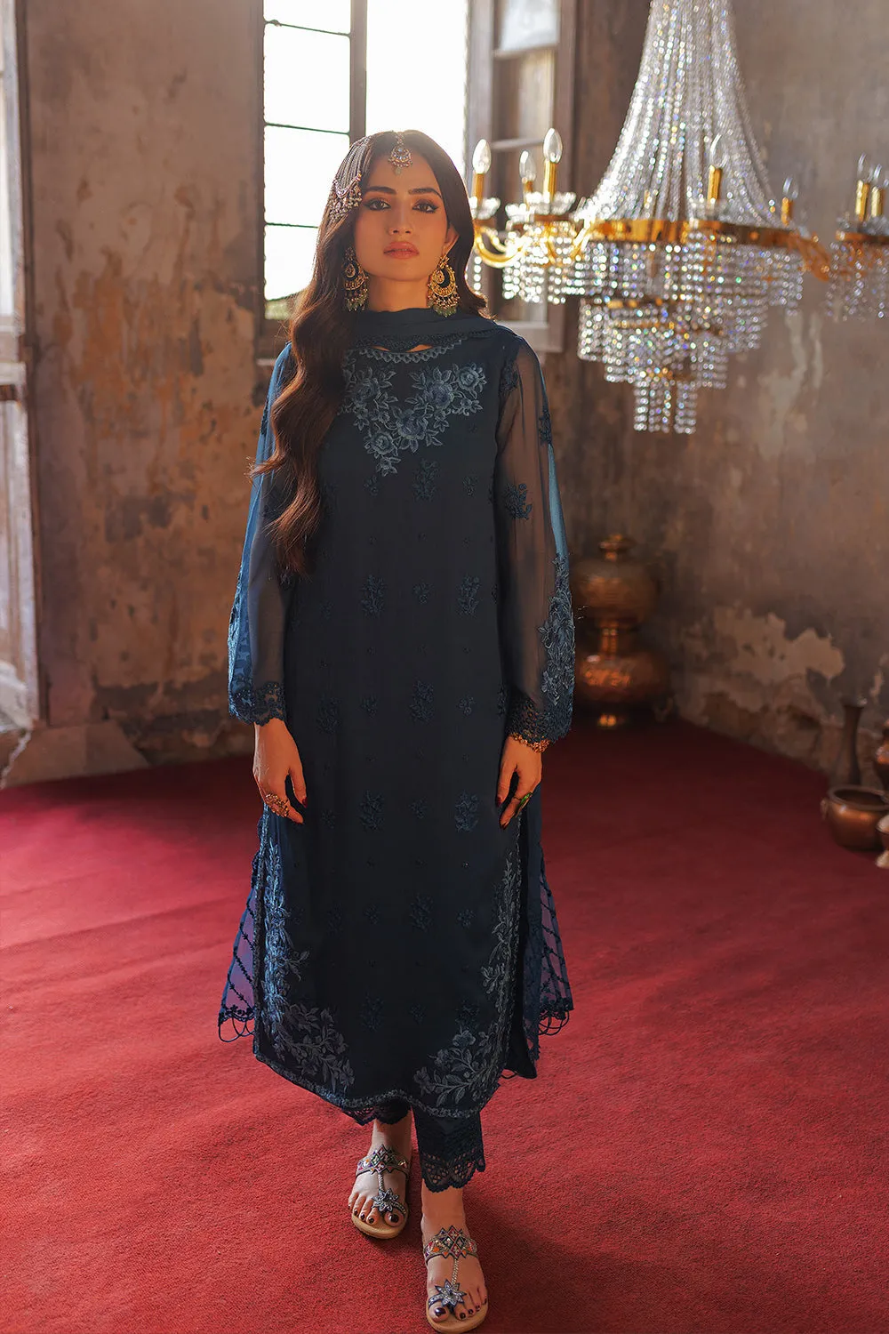 Elegant Chiffon Regal Blue Embroidered Pakistani Salwar Dupatta Suit