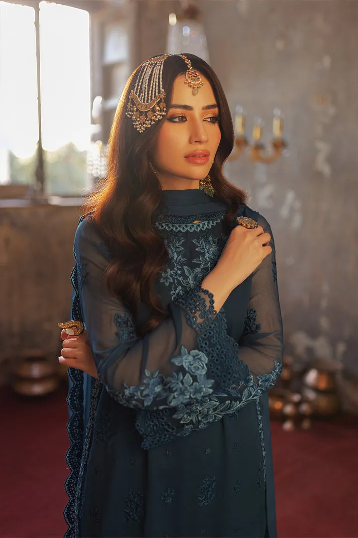 Elegant Chiffon Regal Blue Embroidered Pakistani Salwar Dupatta Suit