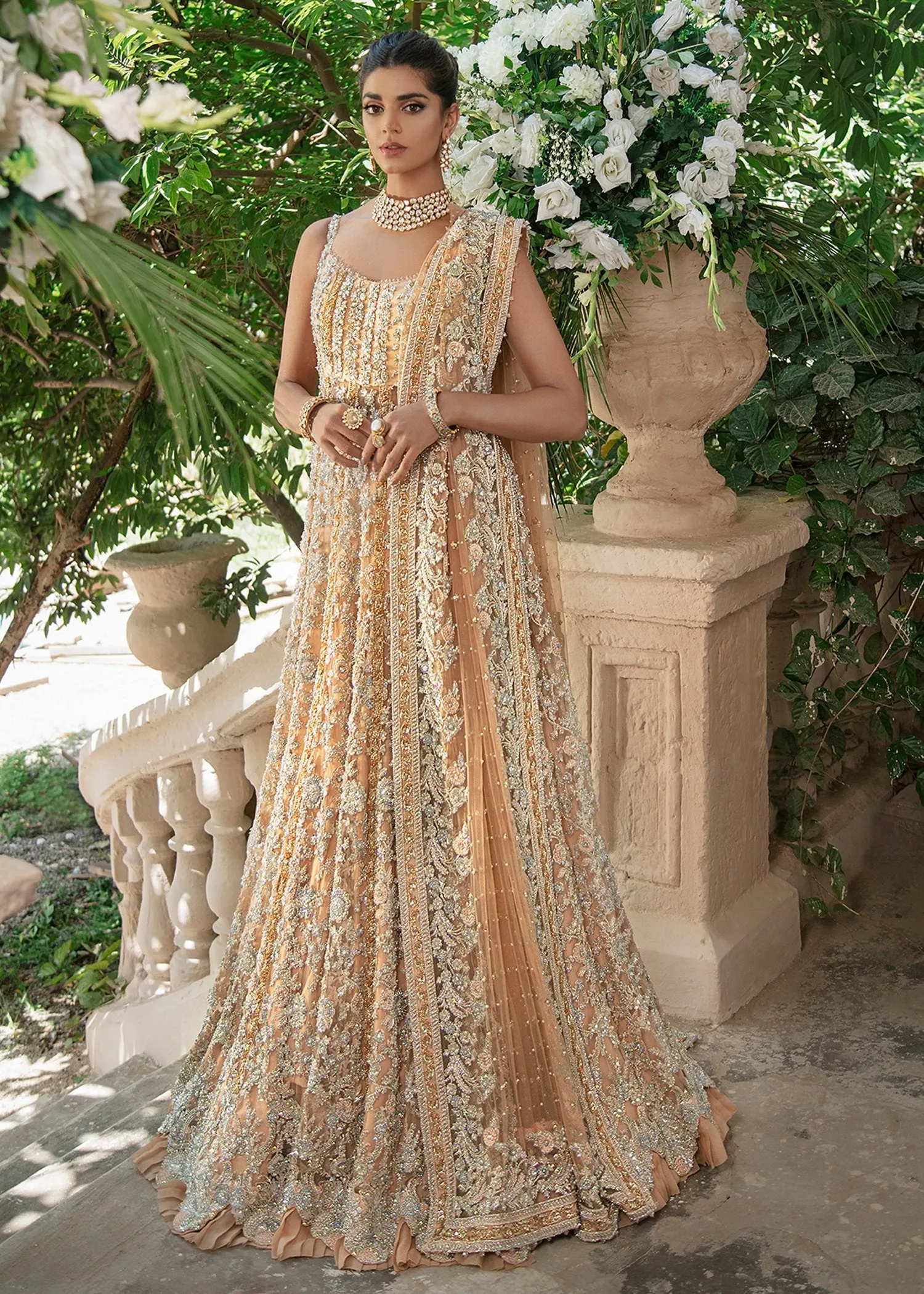 Elegant Designer Pakistani Bridal Dress in Heavily Embroidered Traditional Lehenga Enhanced with Zardozi Hand Work Gown  #BN917