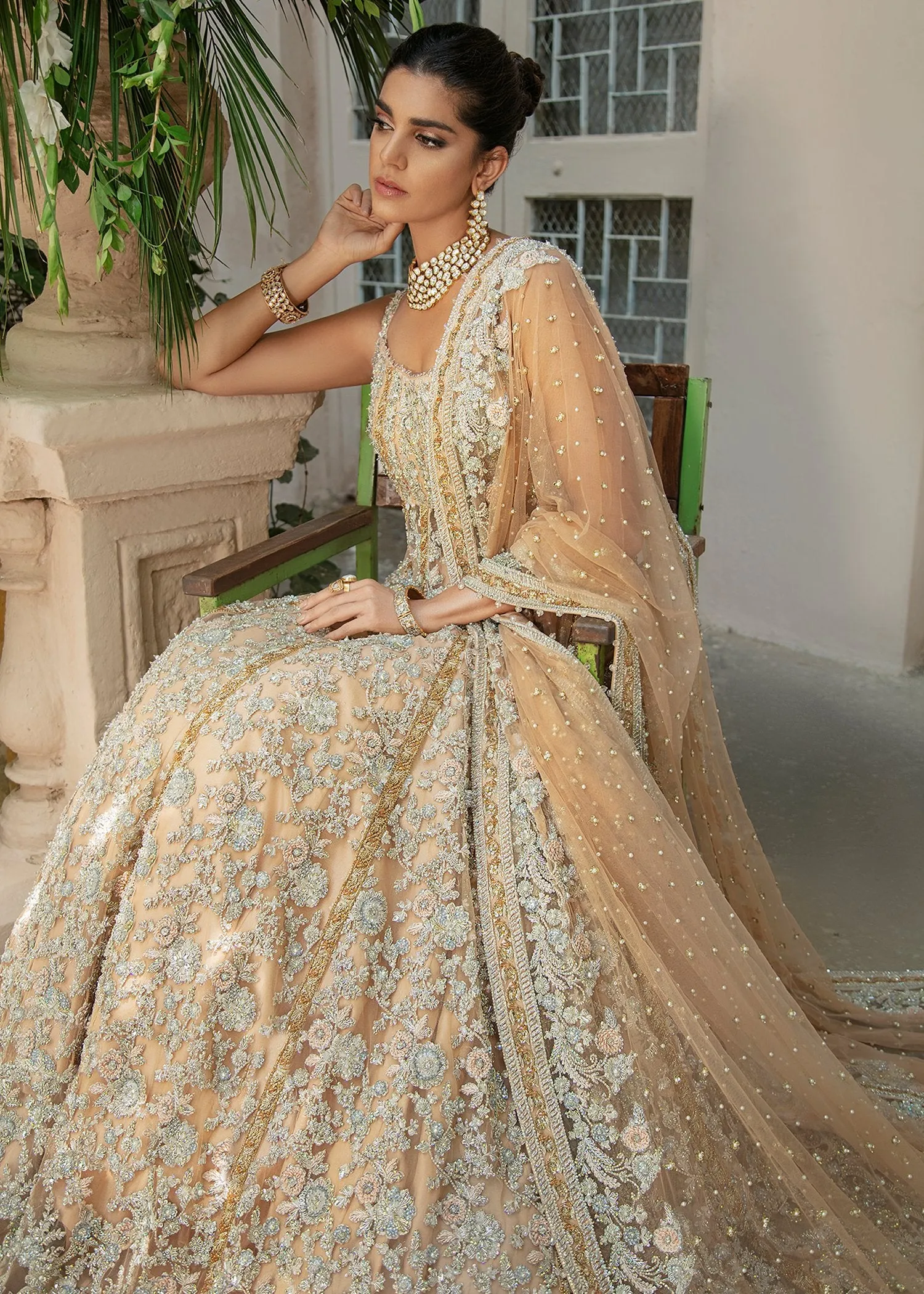 Elegant Designer Pakistani Bridal Dress in Heavily Embroidered Traditional Lehenga Enhanced with Zardozi Hand Work Gown  #BN917