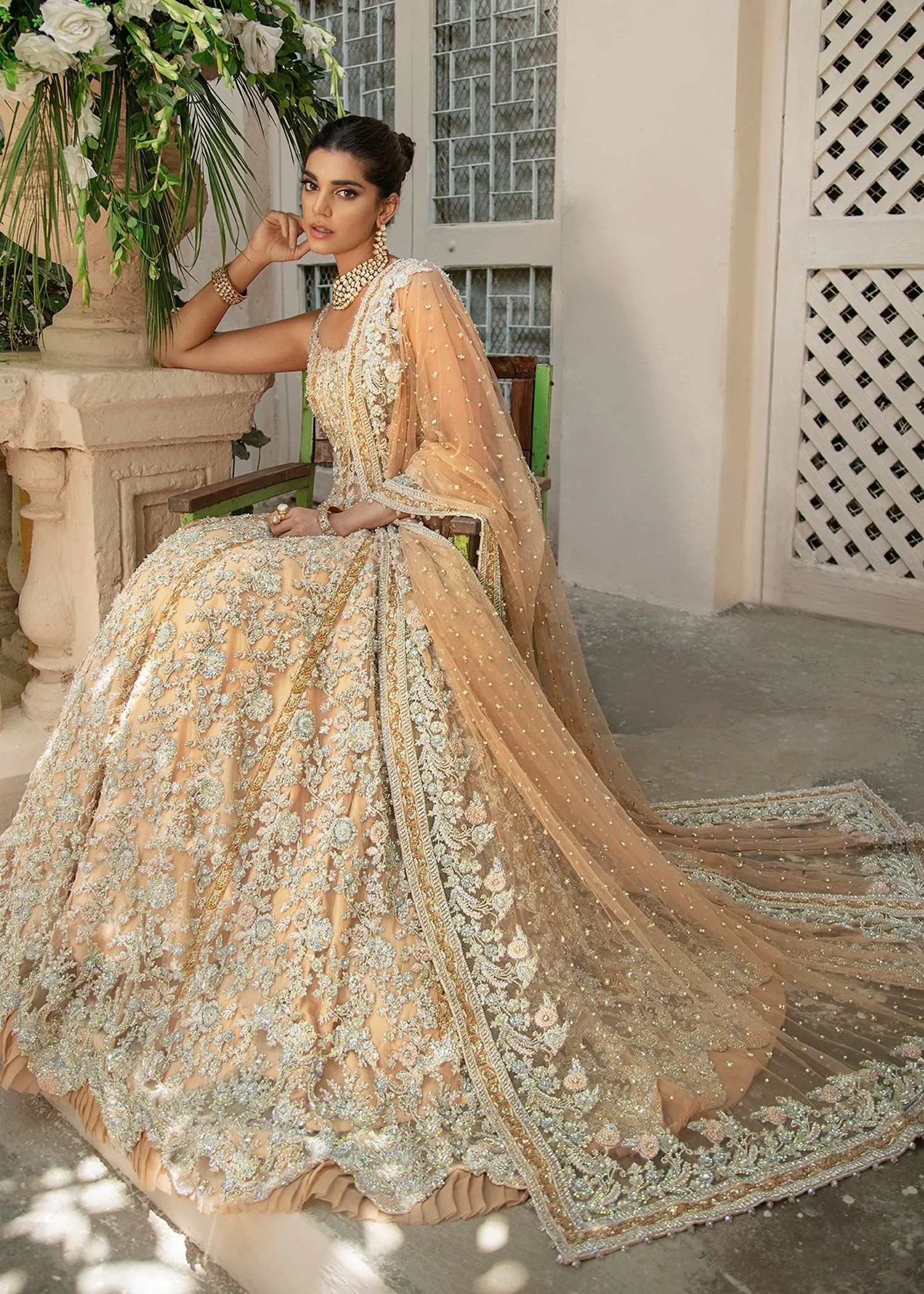 Elegant Designer Pakistani Bridal Dress in Heavily Embroidered Traditional Lehenga Enhanced with Zardozi Hand Work Gown  #BN917
