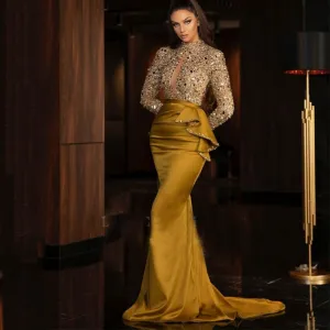 Elegant Gold Evening Dresses  High Neck Beaded Sequined Long Sleeves Dress