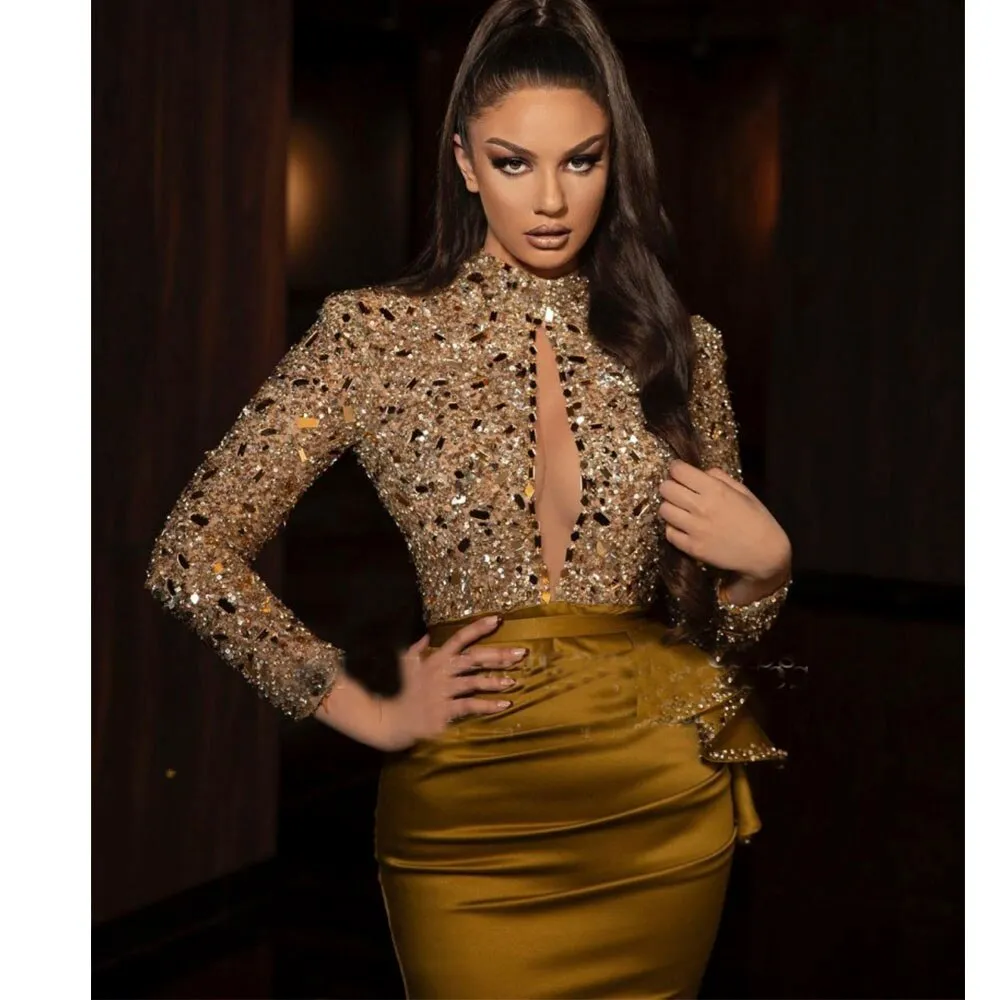 Elegant Gold Evening Dresses  High Neck Beaded Sequined Long Sleeves Dress