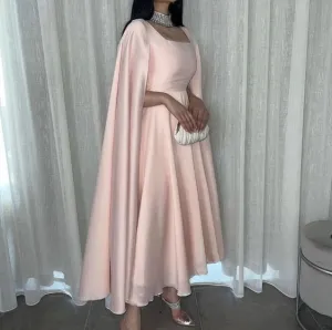 Elegant Long Pink Prom Dresses A Line Chiffon Cape Ankle Length Short Party Gown for Women   fg4634