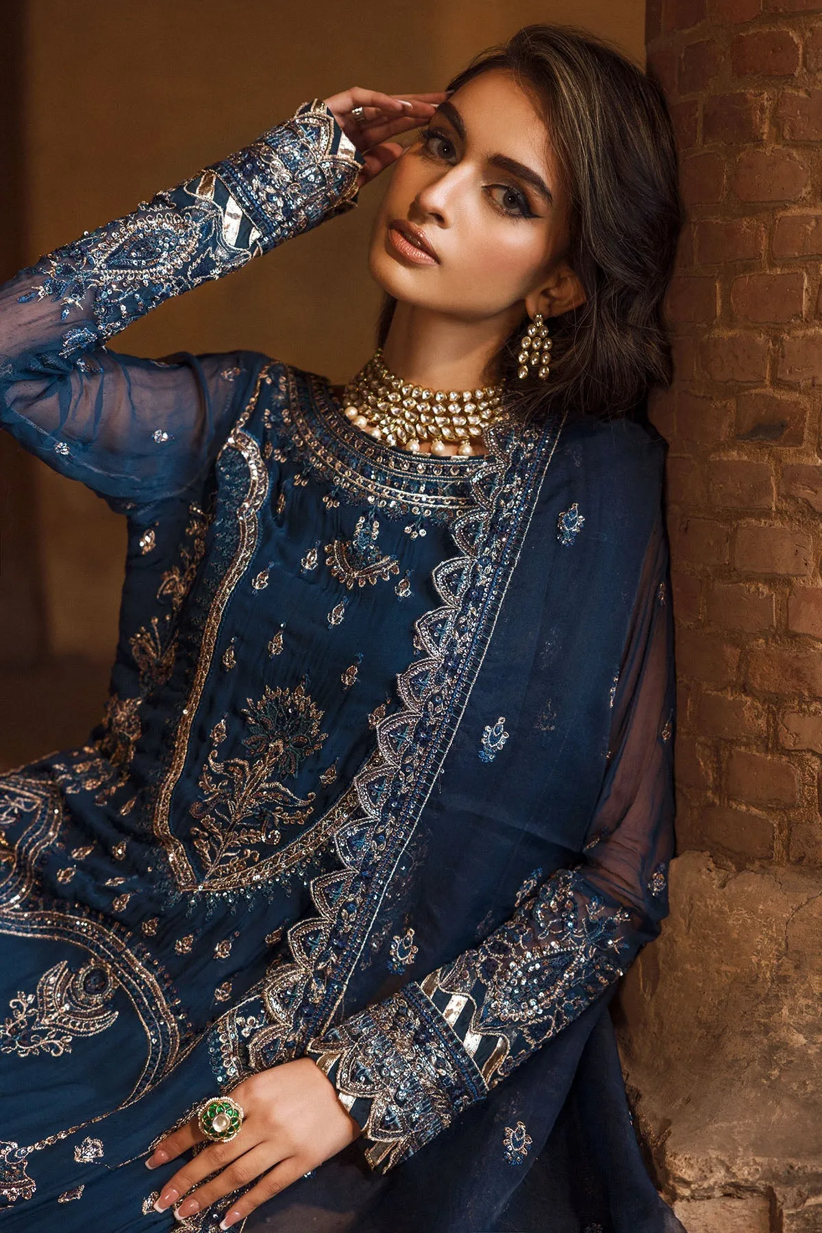 Elegant Royal Blue Embroidered Chiffon Pakistani Salwar Kameez