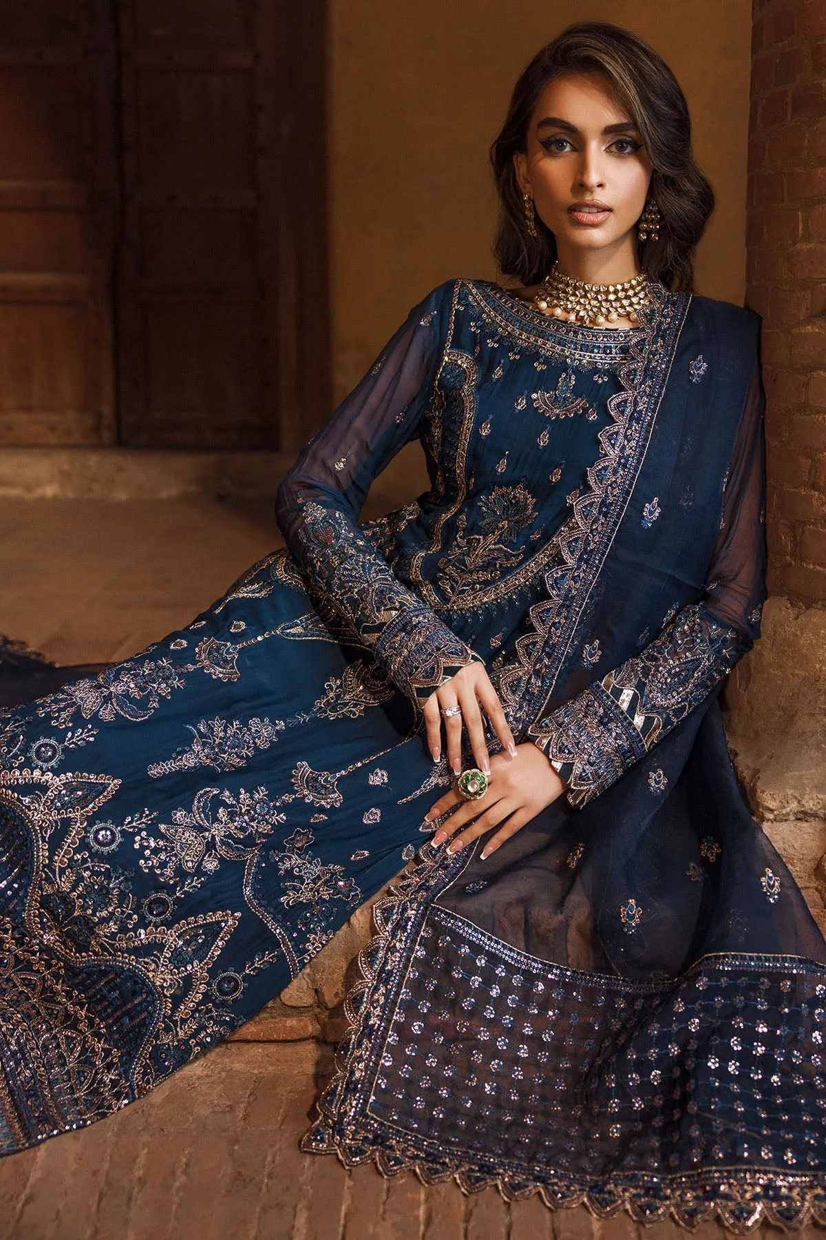 Elegant Royal Blue Embroidered Chiffon Pakistani Salwar Kameez