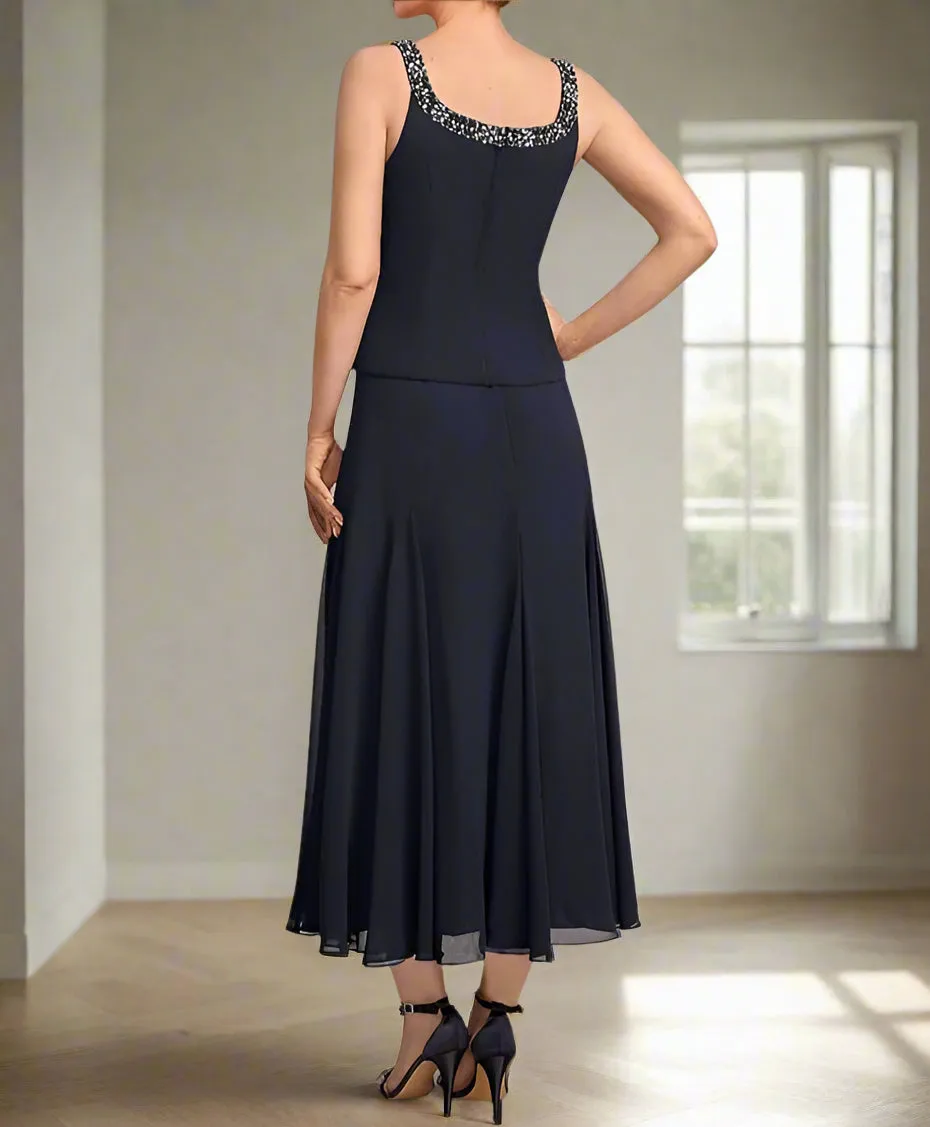 Elegant Tea Length Chiffon Beading 3 Piece Mother of the Bride Dress