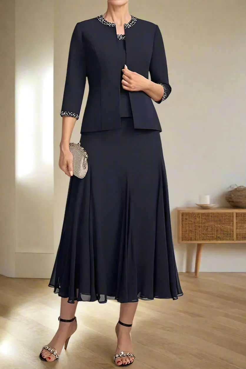 Elegant Tea Length Chiffon Beading 3 Piece Mother of the Bride Dress
