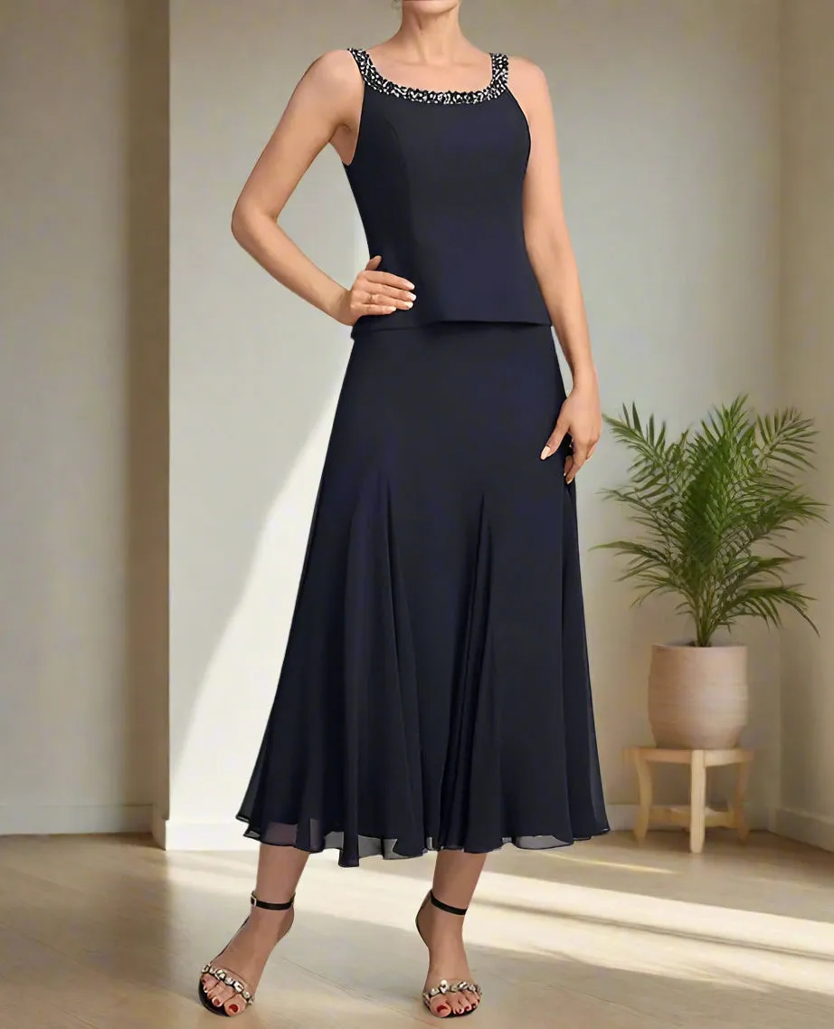 Elegant Tea Length Chiffon Beading 3 Piece Mother of the Bride Dress
