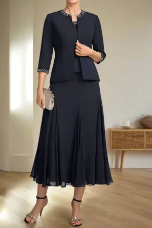 Elegant Tea Length Chiffon Beading 3 Piece Mother of the Bride Dress