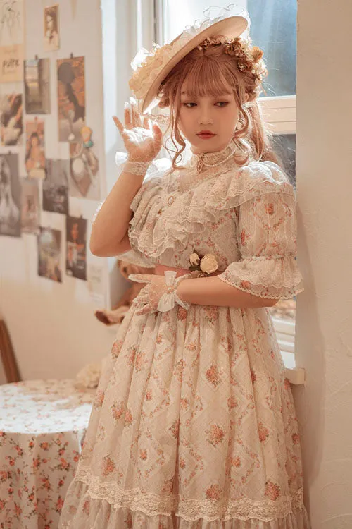 Elegant Vintage Rose Flowers Print Multi-Layer Embroidery Ruffled Sweet Lolita OP Dress
