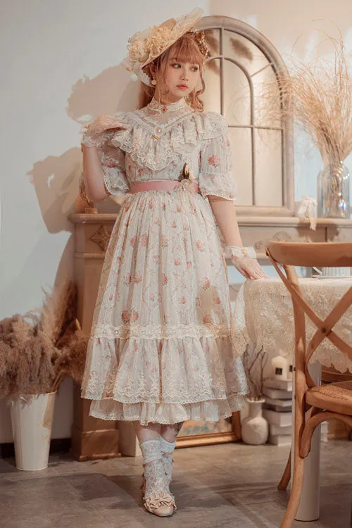 Elegant Vintage Rose Flowers Print Multi-Layer Embroidery Ruffled Sweet Lolita OP Dress