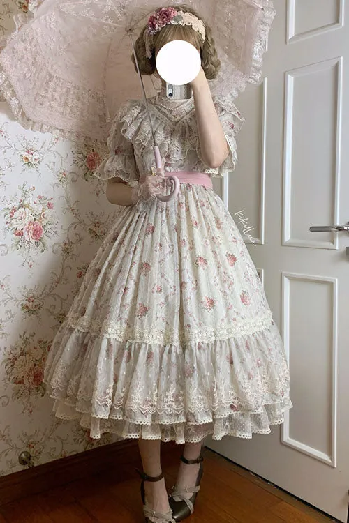 Elegant Vintage Rose Flowers Print Multi-Layer Embroidery Ruffled Sweet Lolita OP Dress