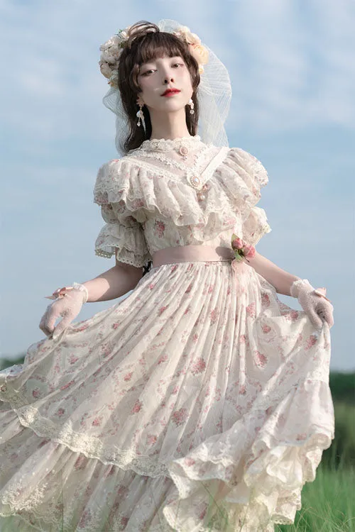 Elegant Vintage Rose Flowers Print Multi-Layer Embroidery Ruffled Sweet Lolita OP Dress